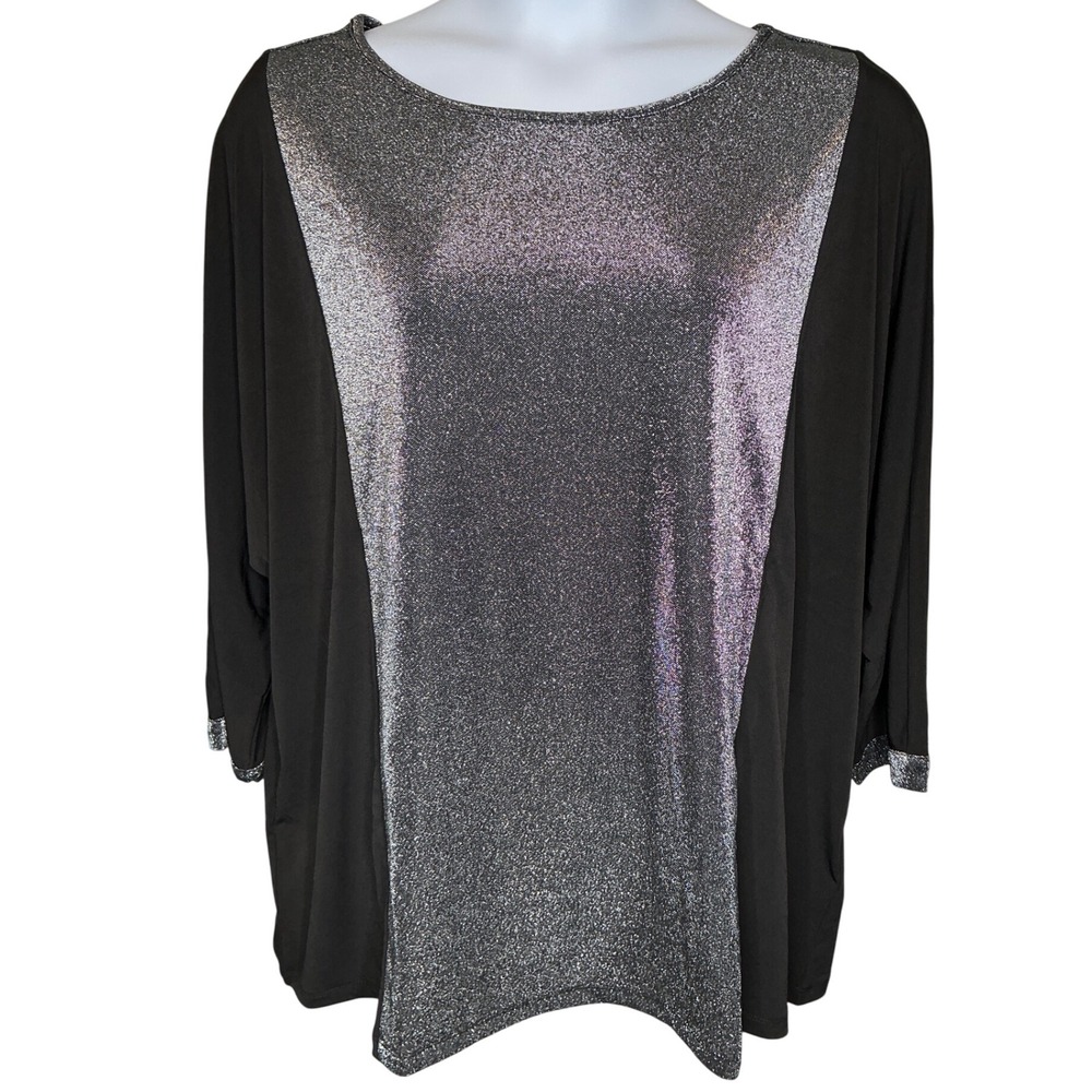 Susan Graver Womens Black Silver Glitter Top Sz 3X Sparkle Dolman Sleeves Flowy